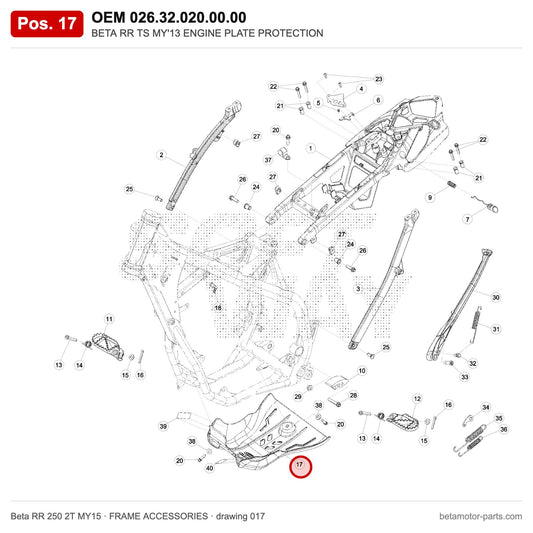 BETA RR TS MY'13 ENGINE PLATE PROTECTION – OEM 026.32.020.00.00, position 17 on the Beta RR 250 2T MY15 frame accessories drawing