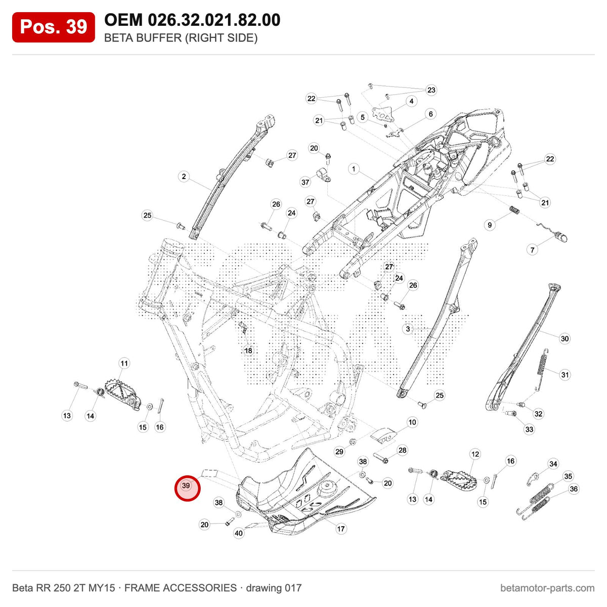 BETA BUFFER (RIGHT SIDE) – OEM 026.32.021.82.00, position 39 on the Beta RR 250 2T MY15 frame accessories drawing