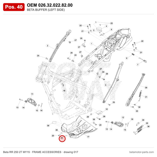 BETA BUFFER (LEFT SIDE) – OEM 026.32.022.82.00, position 40 on the Beta RR 250 2T MY15 frame accessories drawing