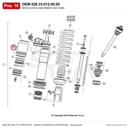 BETA SHOCK ABSORBER GAS TANK – OEM 026.33.012.00.00, position 10 on the Beta RR 250 2T X-PRO MY27 swing arm/rear suspension drawing