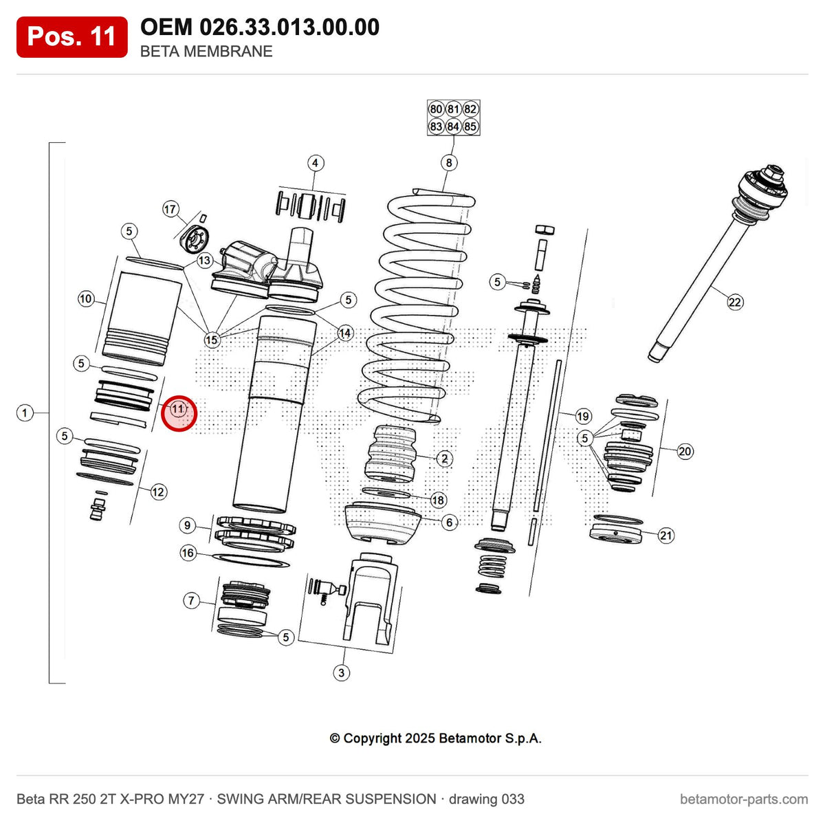 BETA MEMBRANE – OEM 026.33.013.00.00, position 11 on the Beta RR 250 2T X-PRO MY27 swing arm/rear suspension drawing