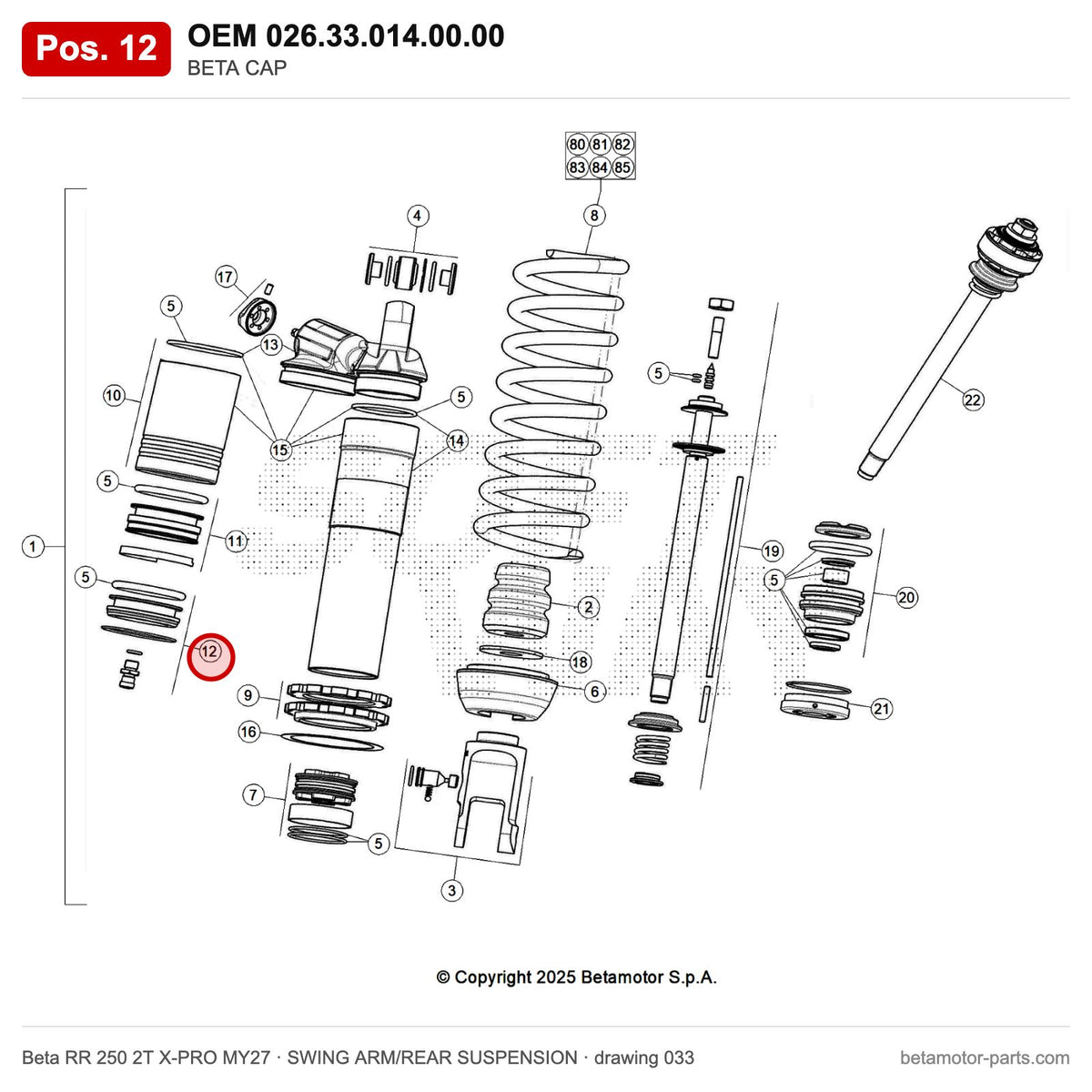 BETA CAP – OEM 026.33.014.00.00, position 12 on the Beta RR 250 2T X-PRO MY27 swing arm/rear suspension drawing
