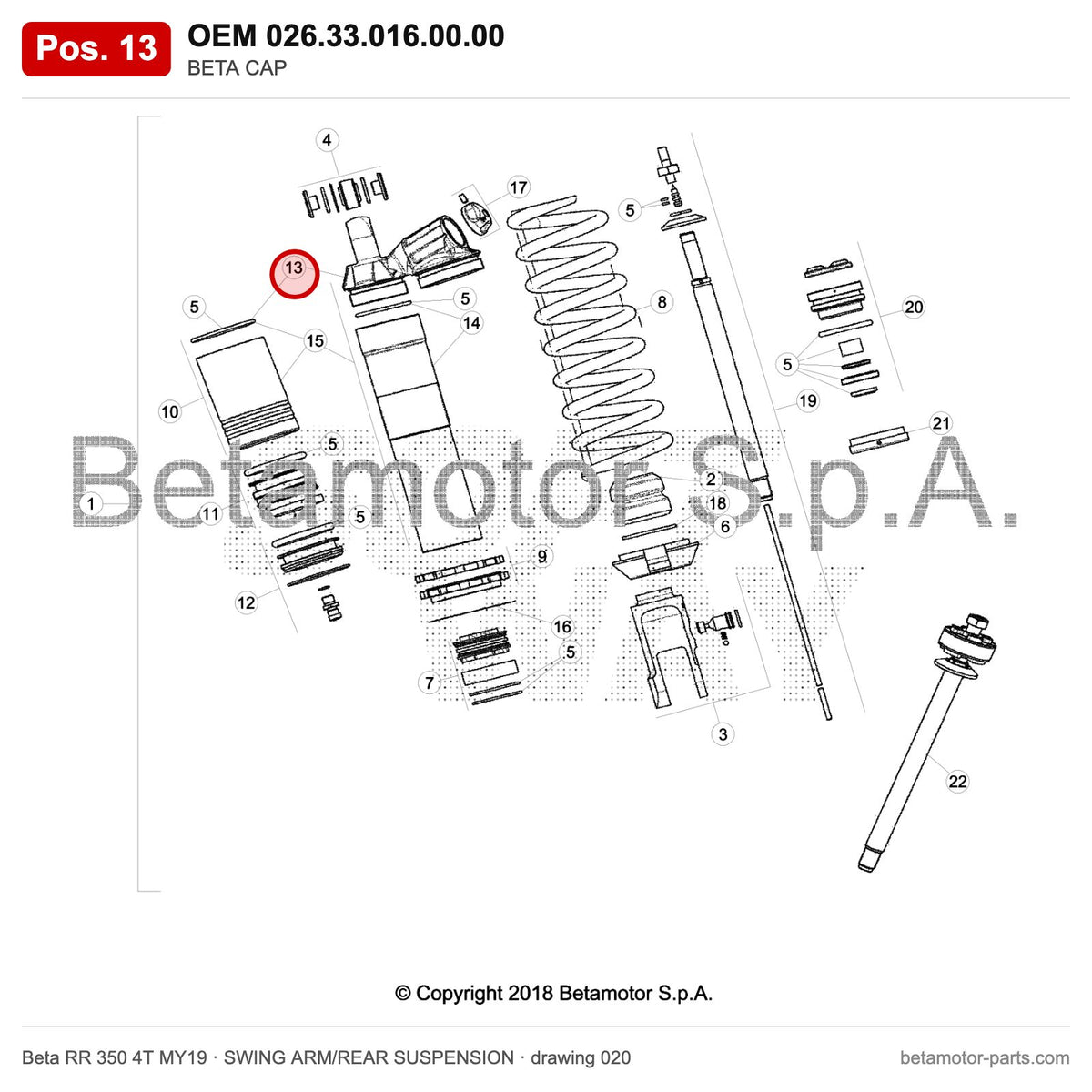 BETA CAP – OEM 026.33.016.00.00, position 13 on the Beta RR 350 4T MY19 swing arm/rear suspension drawing
