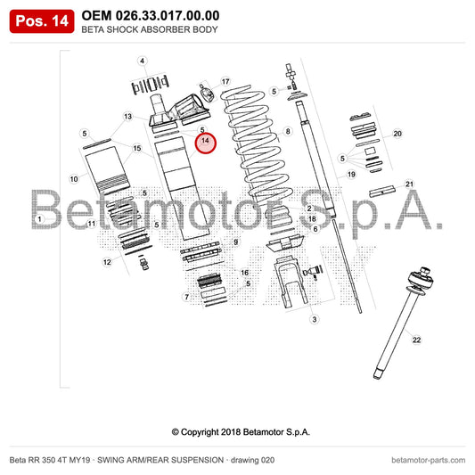 BETA SHOCK ABSORBER BODY – OEM 026.33.017.00.00, position 14 on the Beta RR 350 4T MY19 swing arm/rear suspension drawing