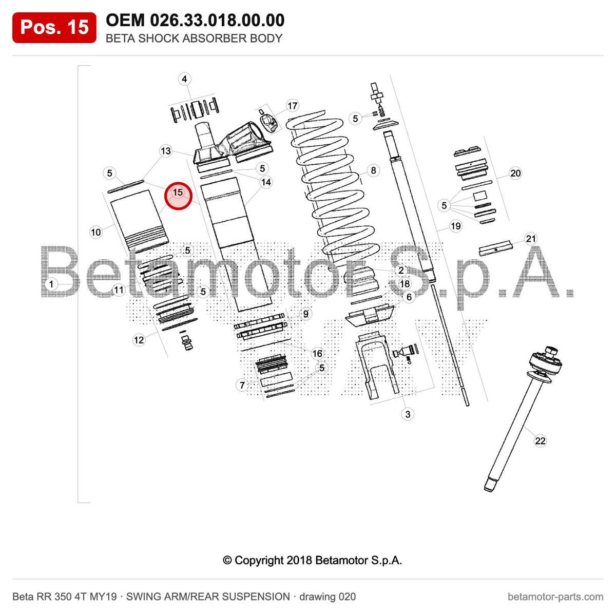 BETA SHOCK ABSORBER BODY – OEM 026.33.018.00.00, position 15 on the Beta RR 350 4T MY19 swing arm/rear suspension drawing
