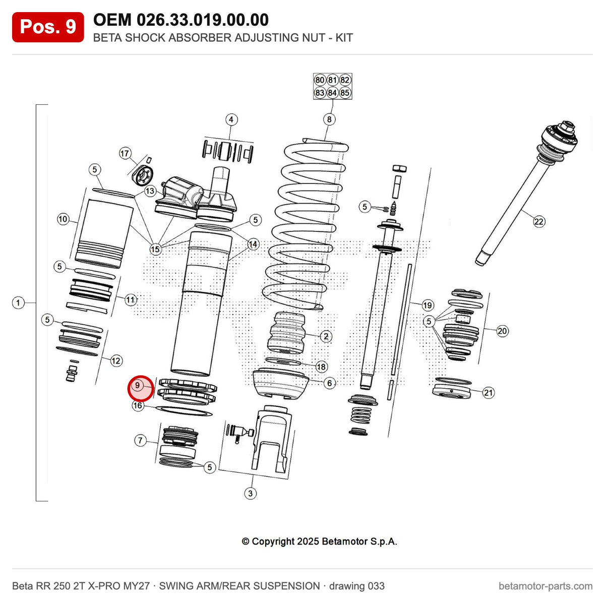 BETA SHOCK ABSORBER ADJUSTING NUT - KIT – OEM 026.33.019.00.00, position 9 on the Beta RR 250 2T X-PRO MY27 swing arm/rear suspension drawing