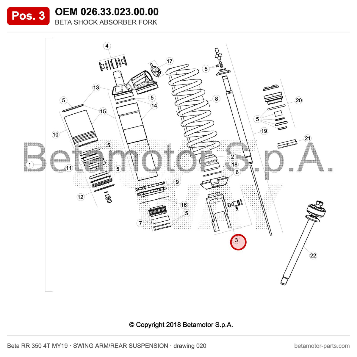 BETA SHOCK ABSORBER FORK – OEM 026.33.023.00.00, position 3 on the Beta RR 350 4T MY19 swing arm/rear suspension drawing