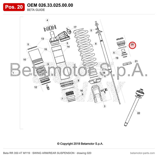 BETA GUIDE – OEM 026.33.025.00.00, position 20 on the Beta RR 350 4T MY19 swing arm/rear suspension drawing