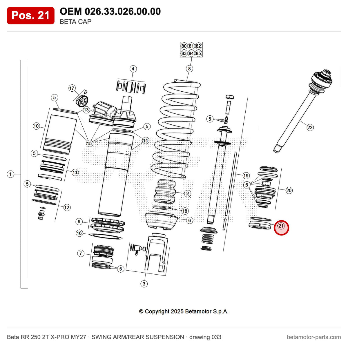 BETA CAP – OEM 026.33.026.00.00, position 21 on the Beta RR 250 2T X-PRO MY27 swing arm/rear suspension drawing