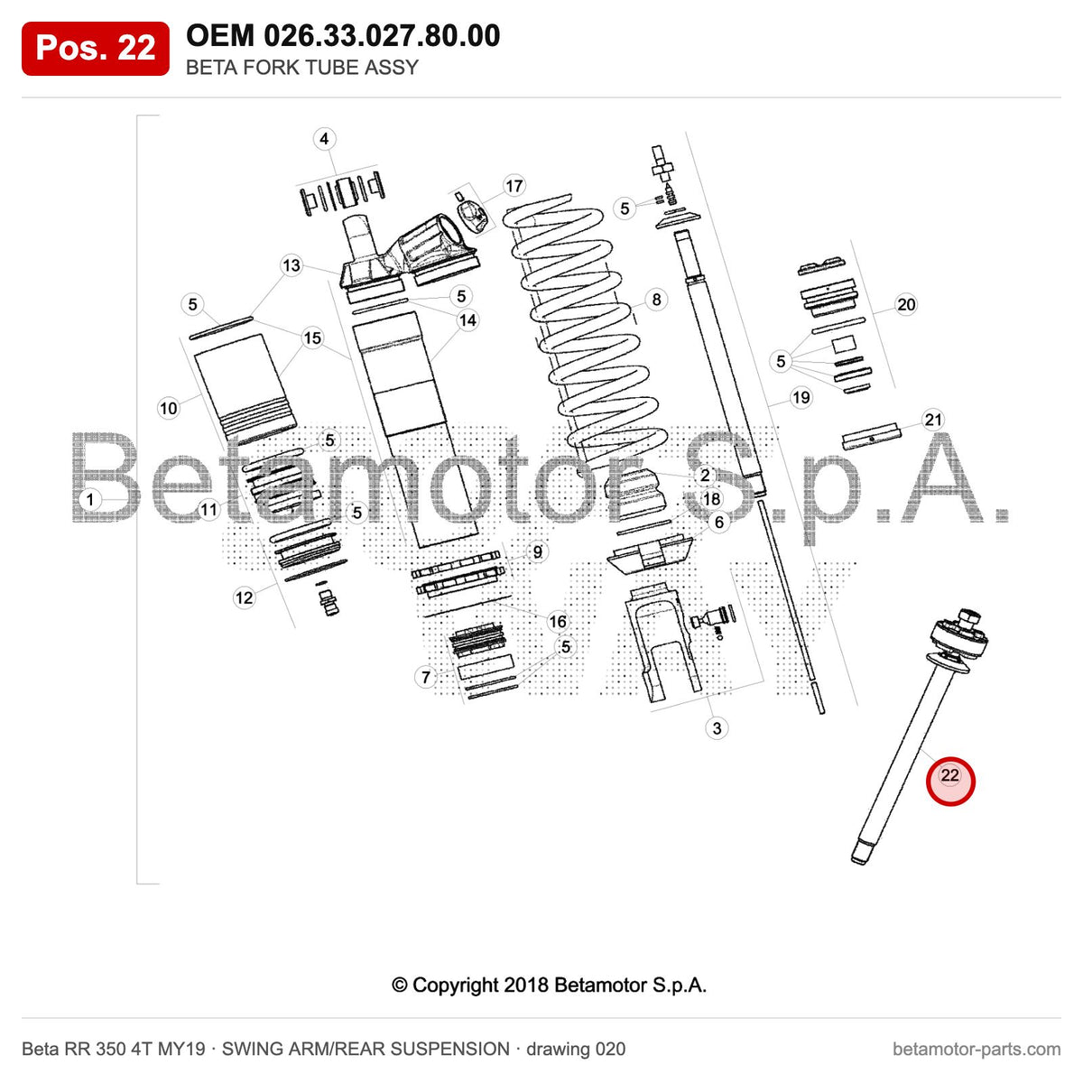 BETA FORK TUBE ASSY – OEM 026.33.027.80.00, position 22 on the Beta RR 350 4T MY19 swing arm/rear suspension drawing