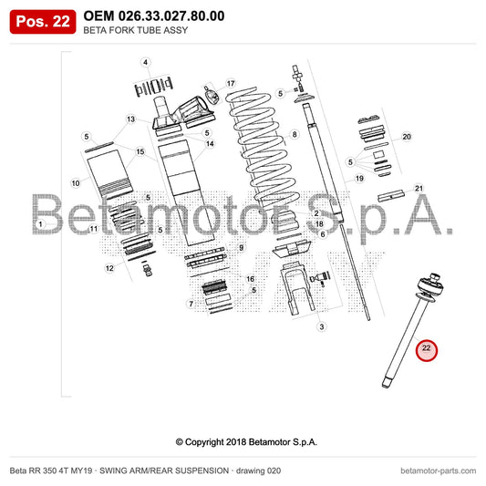 BETA FORK TUBE ASSY – OEM 026.33.027.80.00, position 22 on the Beta RR 350 4T MY19 swing arm/rear suspension drawing