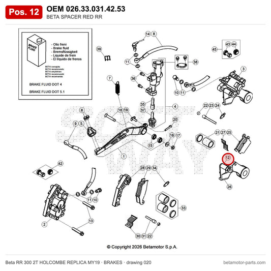 BETA SPACER RED RR – OEM 026.33.031.42.53, position 12 on the Beta RR 300 2T HOLCOMBE REPLICA MY19 brakes drawing
