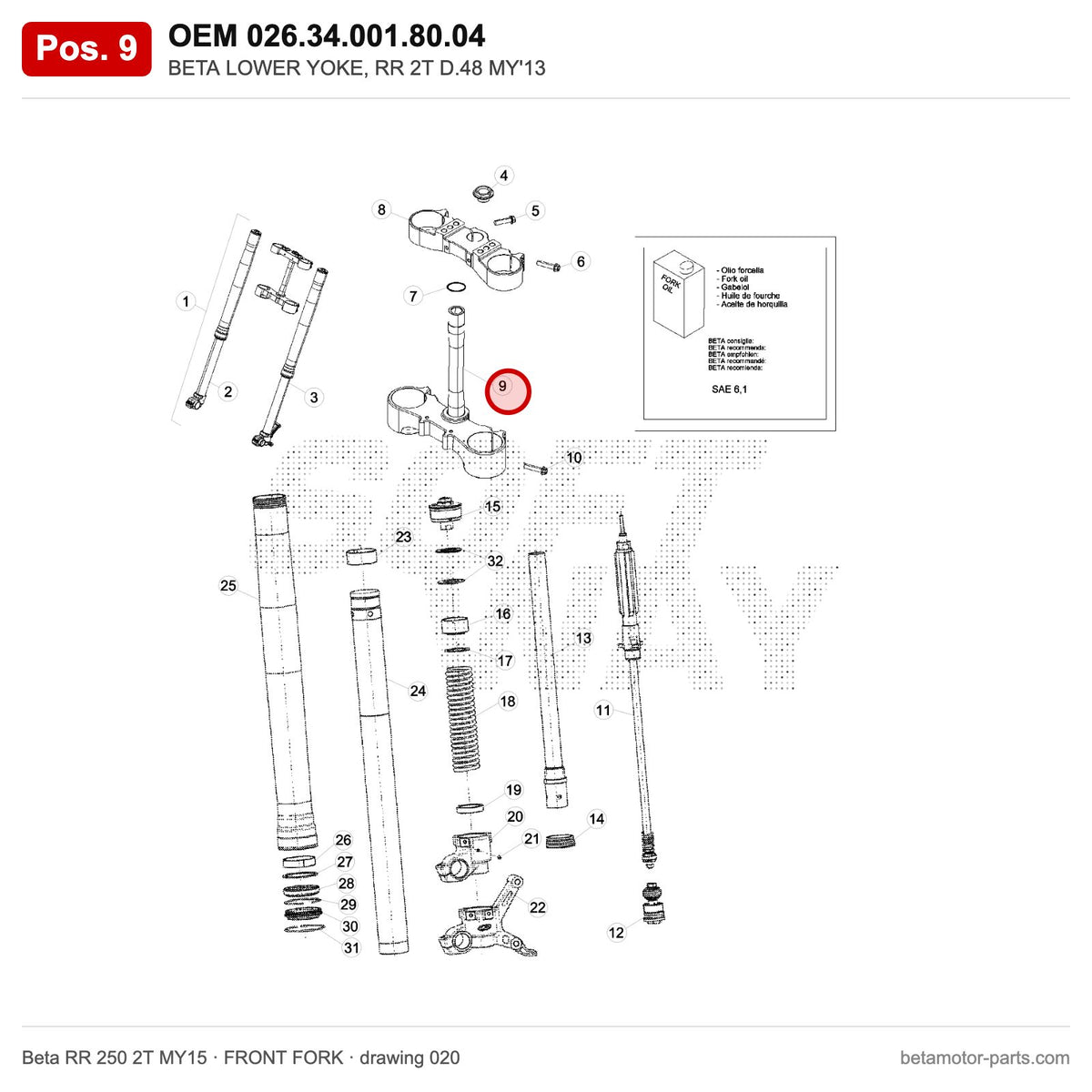 BETA LOWER YOKE, RR 2T D.48 MY'13 – OEM 026.34.001.80.04, position 9 on the Beta RR 250 2T MY15 front fork drawing