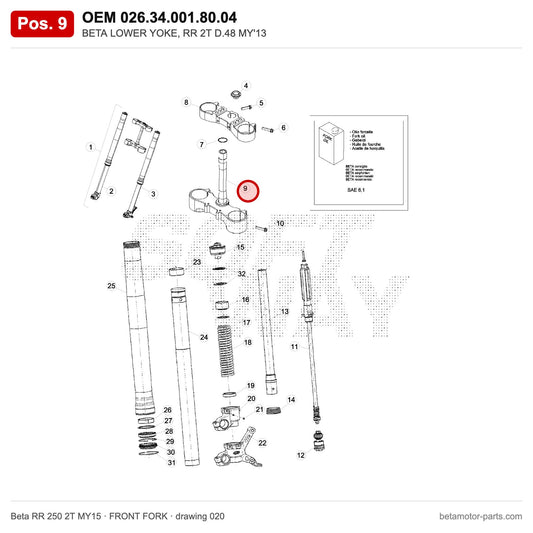BETA LOWER YOKE, RR 2T D.48 MY'13 – OEM 026.34.001.80.04, position 9 on the Beta RR 250 2T MY15 front fork drawing