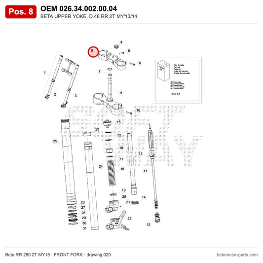 BETA UPPER YOKE, D.48 RR 2T MY'13/14 – OEM 026.34.002.00.04, position 8 on the Beta RR 250 2T MY15 front fork drawing