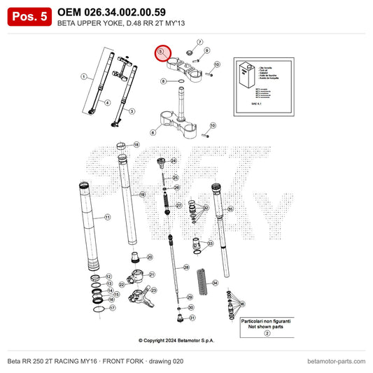 BETA UPPER YOKE, D.48 RR 2T MY'13 – OEM 026.34.002.00.59, position 5 on the Beta RR 250 2T RACING MY16 front fork drawing