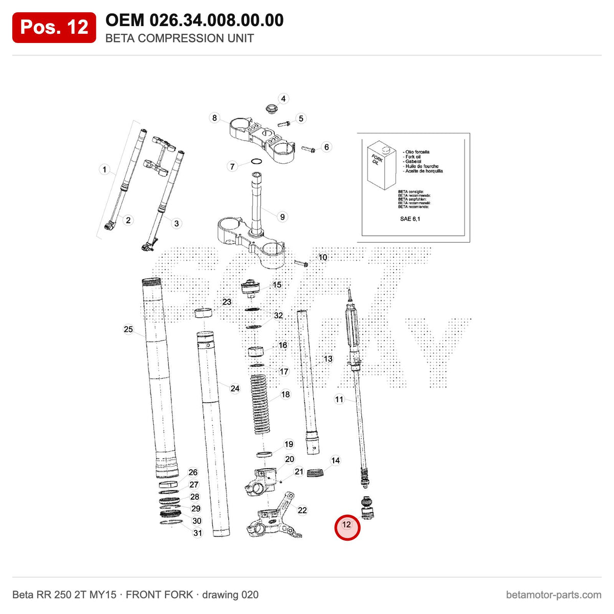 BETA COMPRESSION UNIT – OEM 026.34.008.00.00, position 12 on the Beta RR 250 2T MY15 front fork drawing