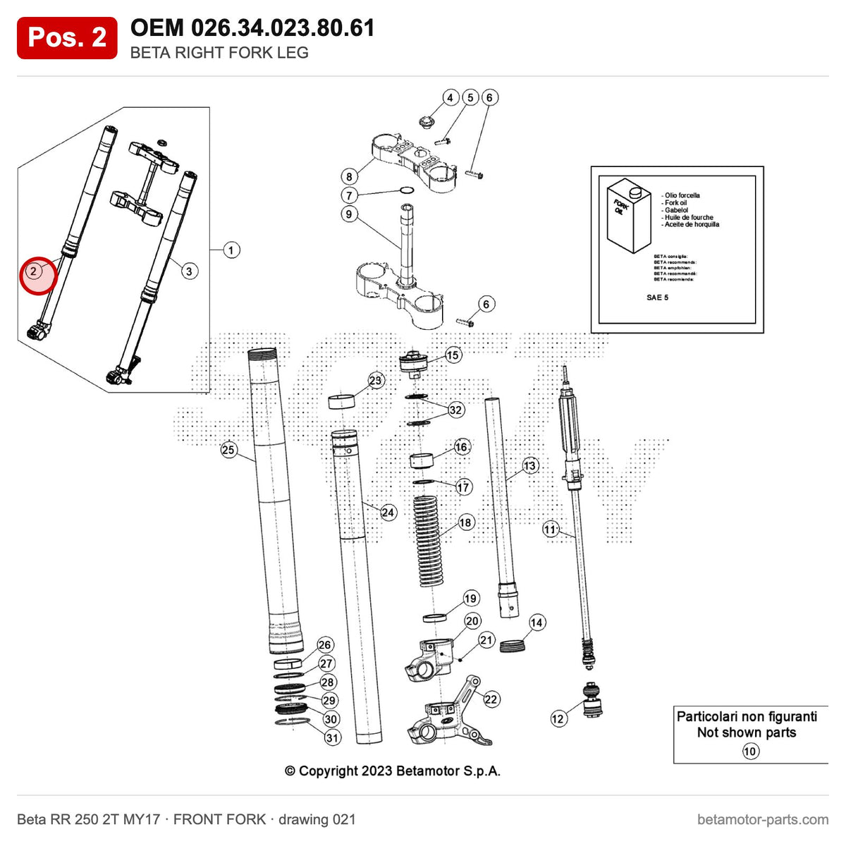 BETA RIGHT FORK LEG – OEM 026.34.023.80.61, position 2 on the Beta RR 250 2T MY17 front fork drawing