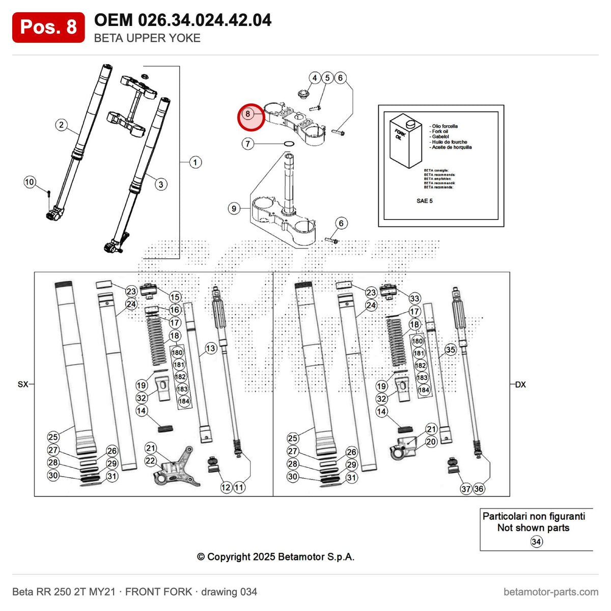 BETA UPPER YOKE – OEM 026.34.024.42.04, position 8 on the Beta RR 250 2T MY21 front fork drawing