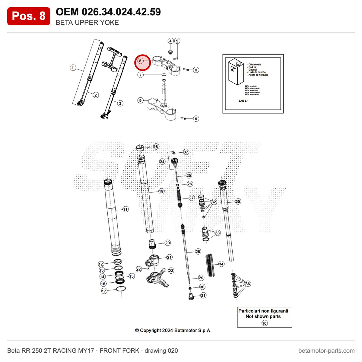 BETA UPPER YOKE – OEM 026.34.024.42.59, position 8 on the Beta RR 250 2T RACING MY17 front fork drawing