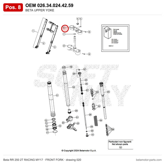 BETA UPPER YOKE – OEM 026.34.024.42.59, position 8 on the Beta RR 250 2T RACING MY17 front fork drawing