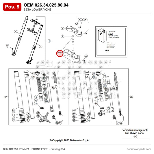 BETA LOWER YOKE – OEM 026.34.025.80.04, position 9 on the Beta RR 250 2T MY21 front fork drawing