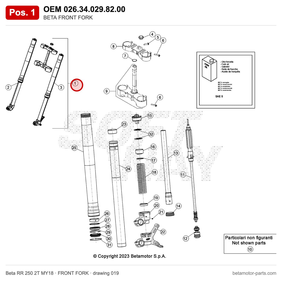 BETA FRONT FORK – OEM 026.34.029.82.00, position 1 on the Beta RR 250 2T MY18 front fork drawing
