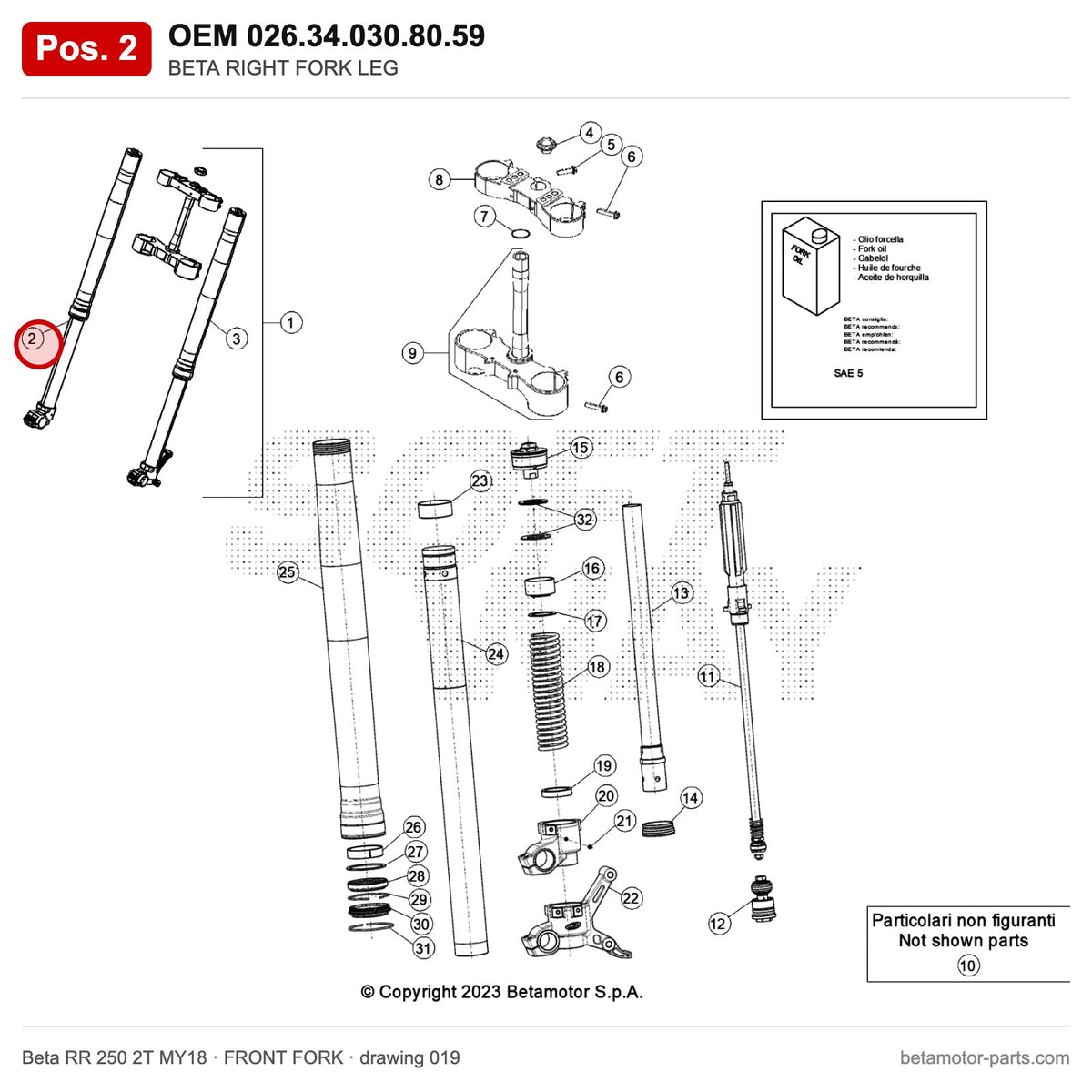 BETA RIGHT FORK LEG – OEM 026.34.030.80.59, position 2 on the Beta RR 250 2T MY18 front fork drawing
