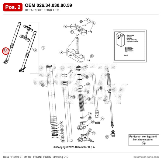 BETA RIGHT FORK LEG – OEM 026.34.030.80.59, position 2 on the Beta RR 250 2T MY18 front fork drawing