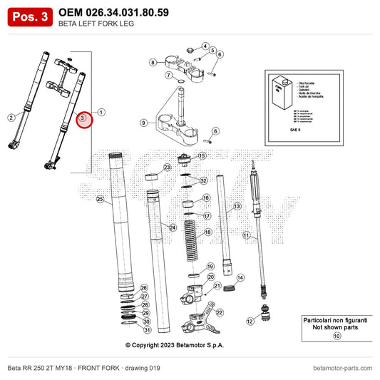BETA LEFT FORK LEG – OEM 026.34.031.80.59, position 3 on the Beta RR 250 2T MY18 front fork drawing