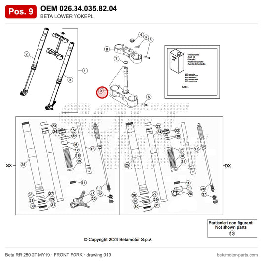 BETA LOWER YOKEPL – OEM 026.34.035.82.04, position 9 on the Beta RR 250 2T MY19 front fork drawing