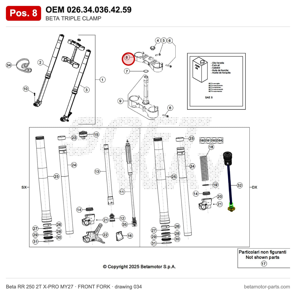 BETA TRIPLE CLAMP – OEM 026.34.036.42.59, position 8 on the Beta RR 250 2T X-PRO MY27 front fork drawing