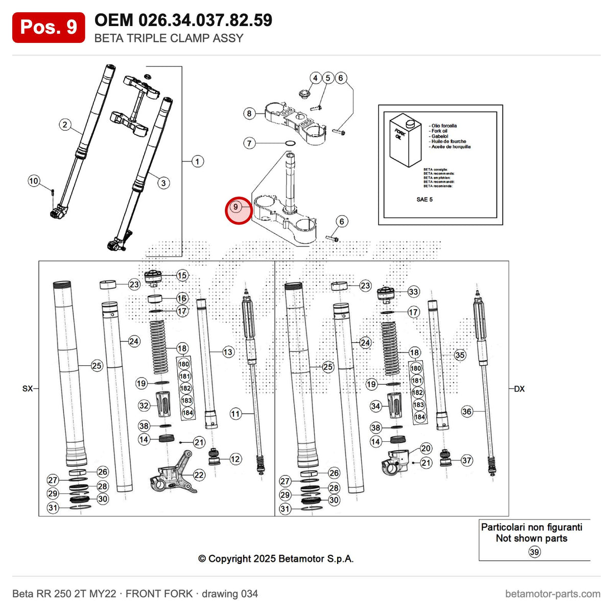 BETA TRIPLE CLAMP ASSY – OEM 026.34.037.82.59, position 9 on the Beta RR 250 2T MY22 front fork drawing