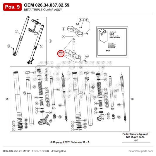 BETA TRIPLE CLAMP ASSY – OEM 026.34.037.82.59, position 9 on the Beta RR 250 2T MY22 front fork drawing