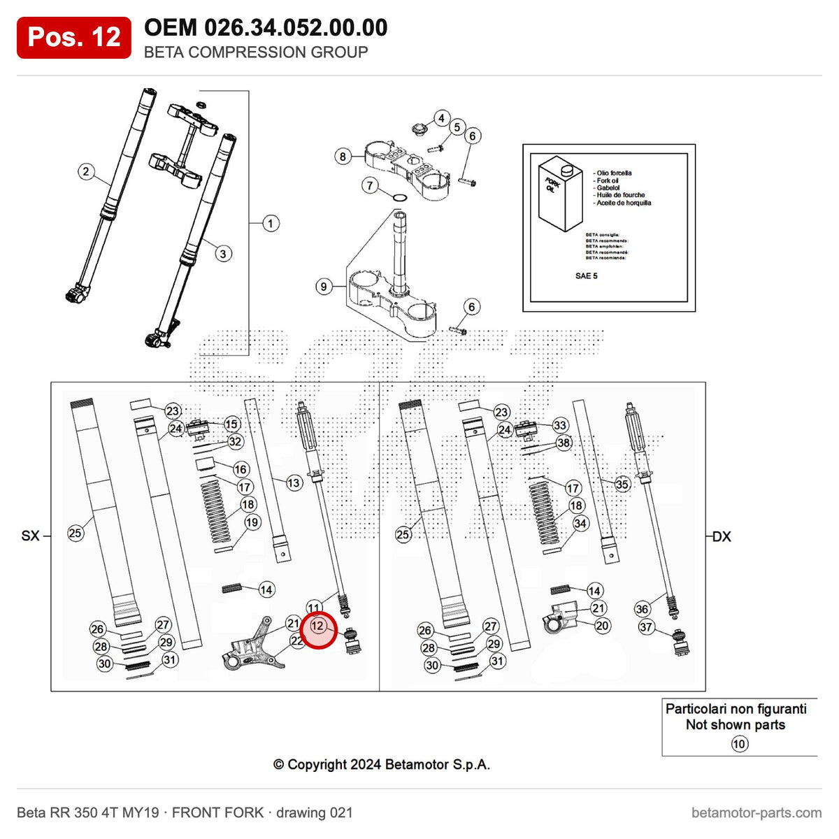 BETA COMPRESSION GROUP – OEM 026.34.052.00.00, position 12 on the Beta RR 350 4T MY19 front fork drawing