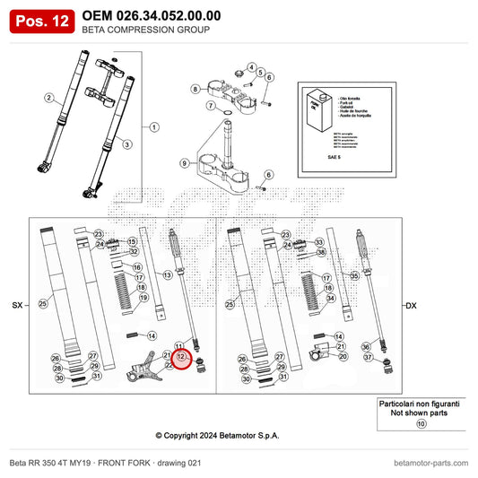BETA COMPRESSION GROUP – OEM 026.34.052.00.00, position 12 on the Beta RR 350 4T MY19 front fork drawing