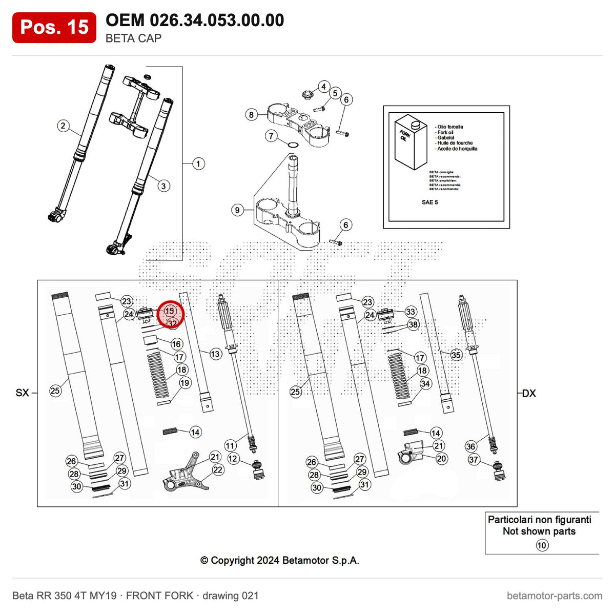 BETA CAP – OEM 026.34.053.00.00, position 15 on the Beta RR 350 4T MY19 front fork drawing