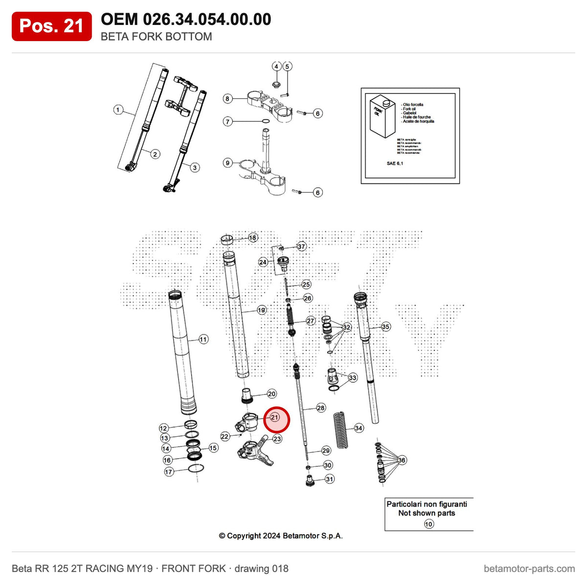 BETA FORK BOTTOM – OEM 026.34.054.00.00, position 21 on the Beta RR 125 2T RACING MY19 front fork drawing