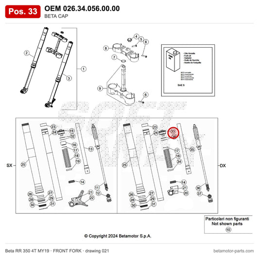 BETA CAP – OEM 026.34.056.00.00, position 33 on the Beta RR 350 4T MY19 front fork drawing