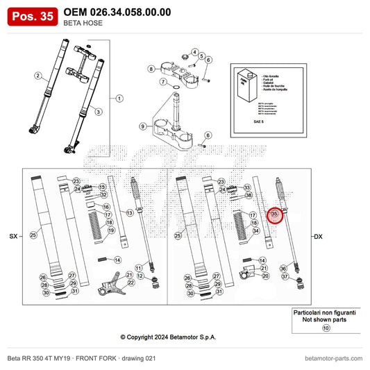 BETA HOSE – OEM 026.34.058.00.00, position 35 on the Beta RR 350 4T MY19 front fork drawing
