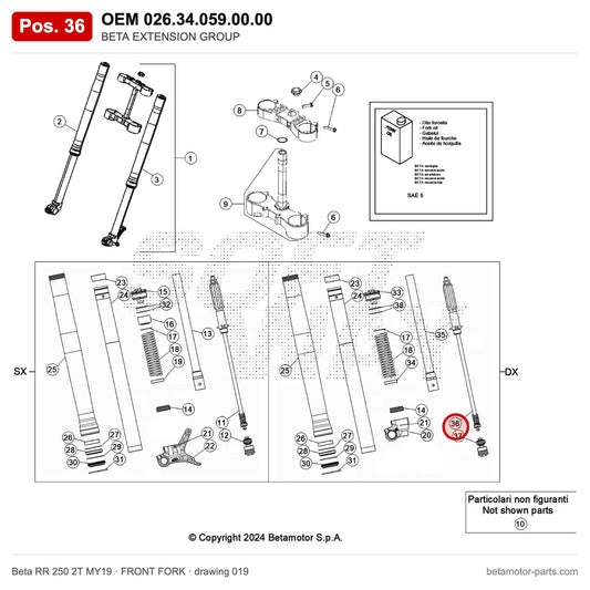 BETA EXTENSION GROUP – OEM 026.34.059.00.00, position 36 on the Beta RR 250 2T MY19 front fork drawing