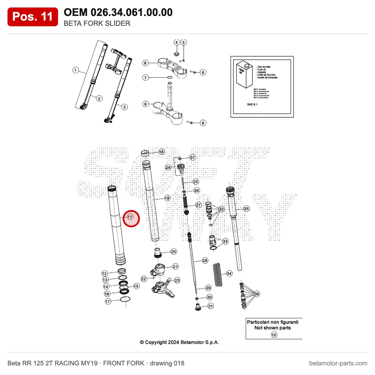 BETA FORK SLIDER – OEM 026.34.061.00.00, position 11 on the Beta RR 125 2T RACING MY19 front fork drawing