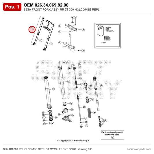 BETA FRONT FORK ASSY RR 2T 300 HOLCOMBE REPLI – OEM 026.34.069.82.00, position 1 on the Beta RR 300 2T HOLCOMBE REPLICA MY19 front fork drawing