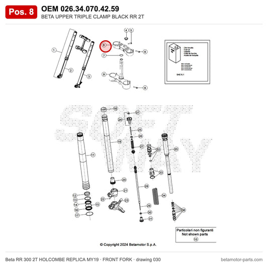 BETA UPPER TRIPLE CLAMP BLACK RR 2T – OEM 026.34.070.42.59, position 8 on the Beta RR 300 2T HOLCOMBE REPLICA MY19 front fork drawing