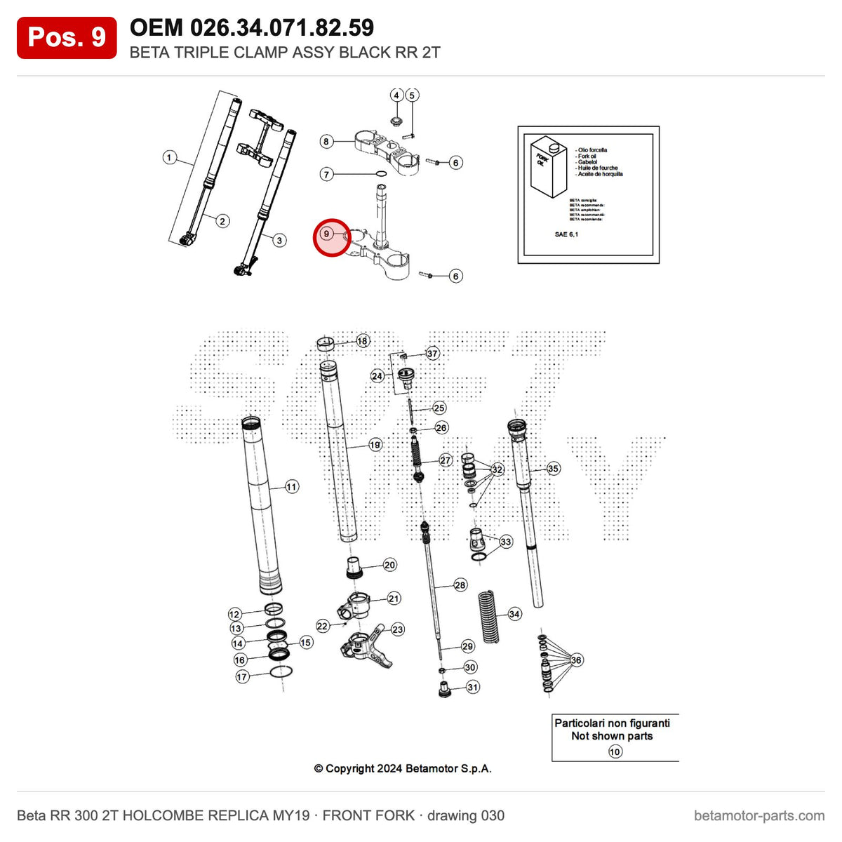 BETA TRIPLE CLAMP ASSY BLACK RR 2T – OEM 026.34.071.82.59, position 9 on the Beta RR 300 2T HOLCOMBE REPLICA MY19 front fork drawing