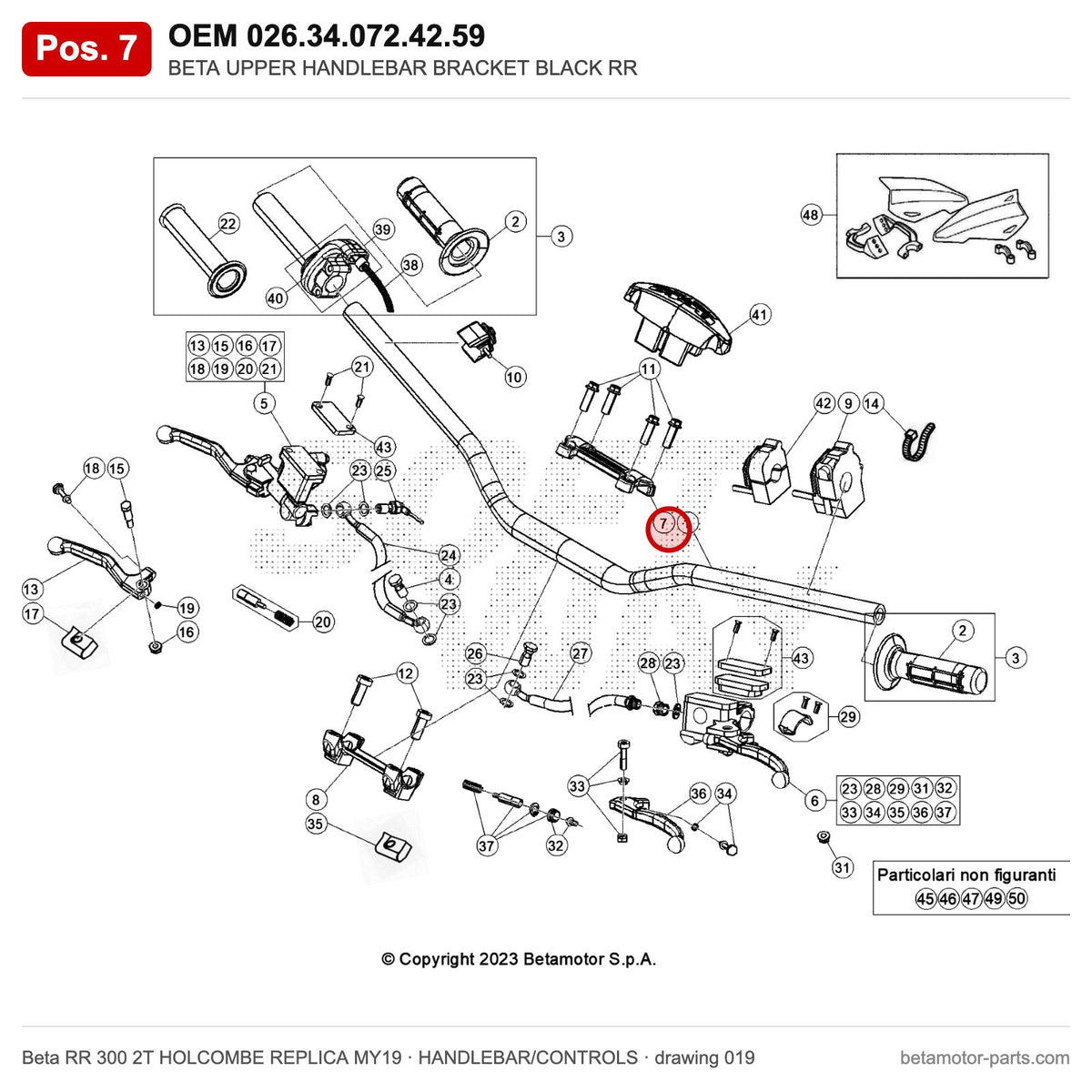 BETA UPPER HANDLEBAR BRACKET BLACK RR – OEM 026.34.072.42.59, position 7 on the Beta RR 300 2T HOLCOMBE REPLICA MY19 handlebar/controls drawing