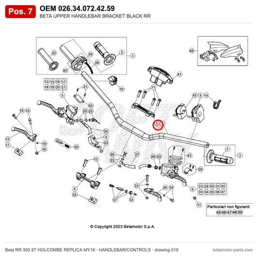 BETA UPPER HANDLEBAR BRACKET BLACK RR – OEM 026.34.072.42.59, position 7 on the Beta RR 300 2T HOLCOMBE REPLICA MY19 handlebar/controls drawing