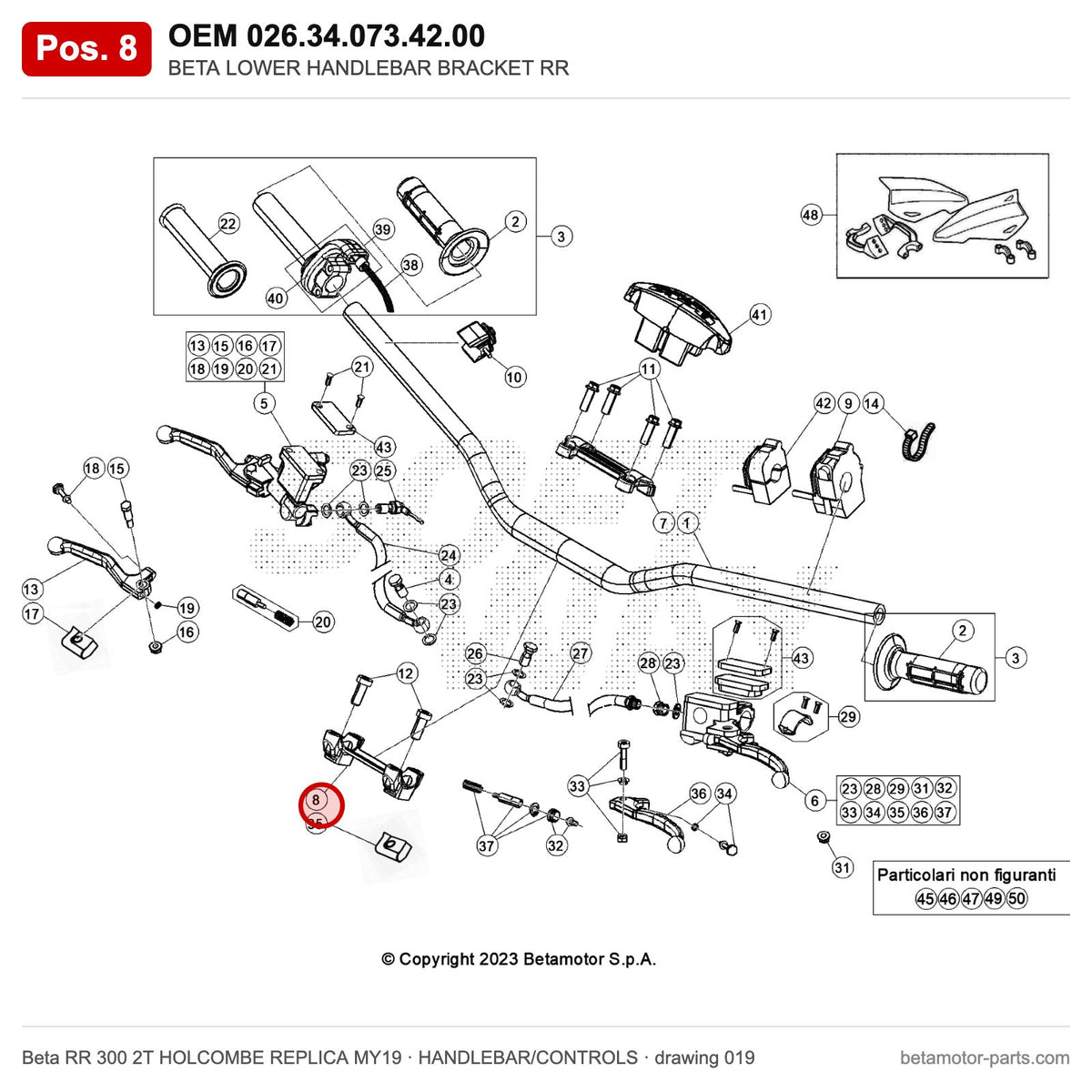BETA LOWER HANDLEBAR BRACKET RR – OEM 026.34.073.42.00, position 8 on the Beta RR 300 2T HOLCOMBE REPLICA MY19 handlebar/controls drawing