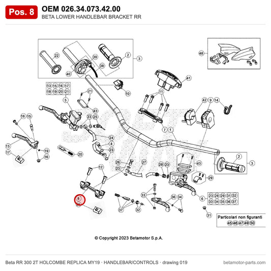 BETA LOWER HANDLEBAR BRACKET RR – OEM 026.34.073.42.00, position 8 on the Beta RR 300 2T HOLCOMBE REPLICA MY19 handlebar/controls drawing