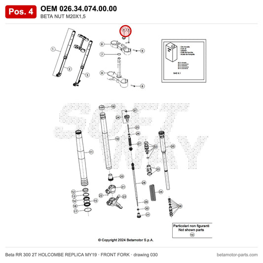 BETA NUT M20X1,5 – OEM 026.34.074.00.00, position 4 on the Beta RR 300 2T HOLCOMBE REPLICA MY19 front fork drawing